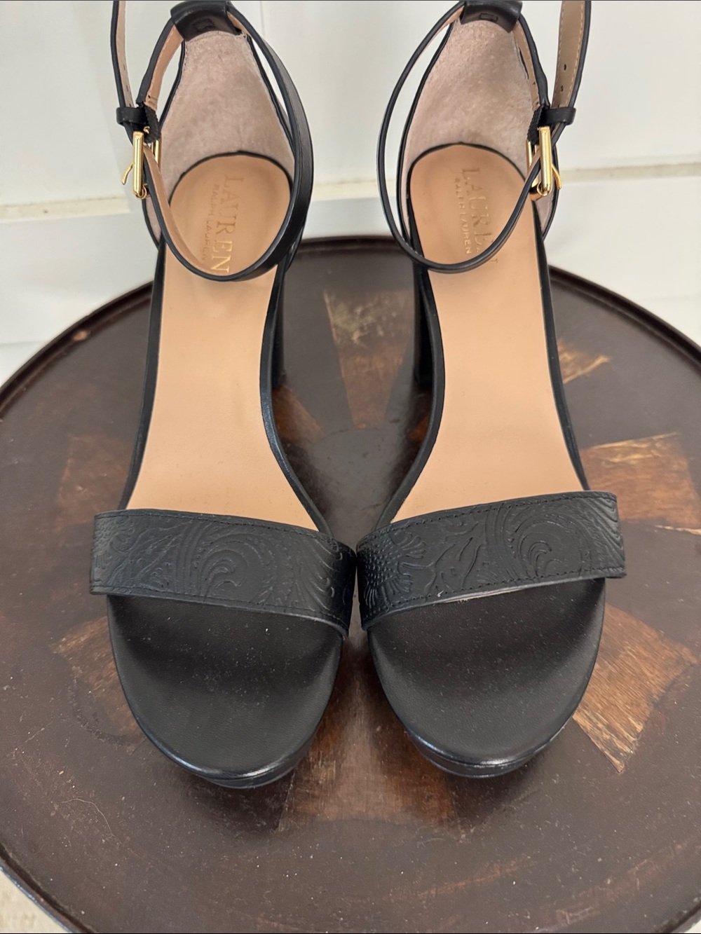 Lauren Ralph Lauren Black Embossed Leather Ankle-Strap Heels